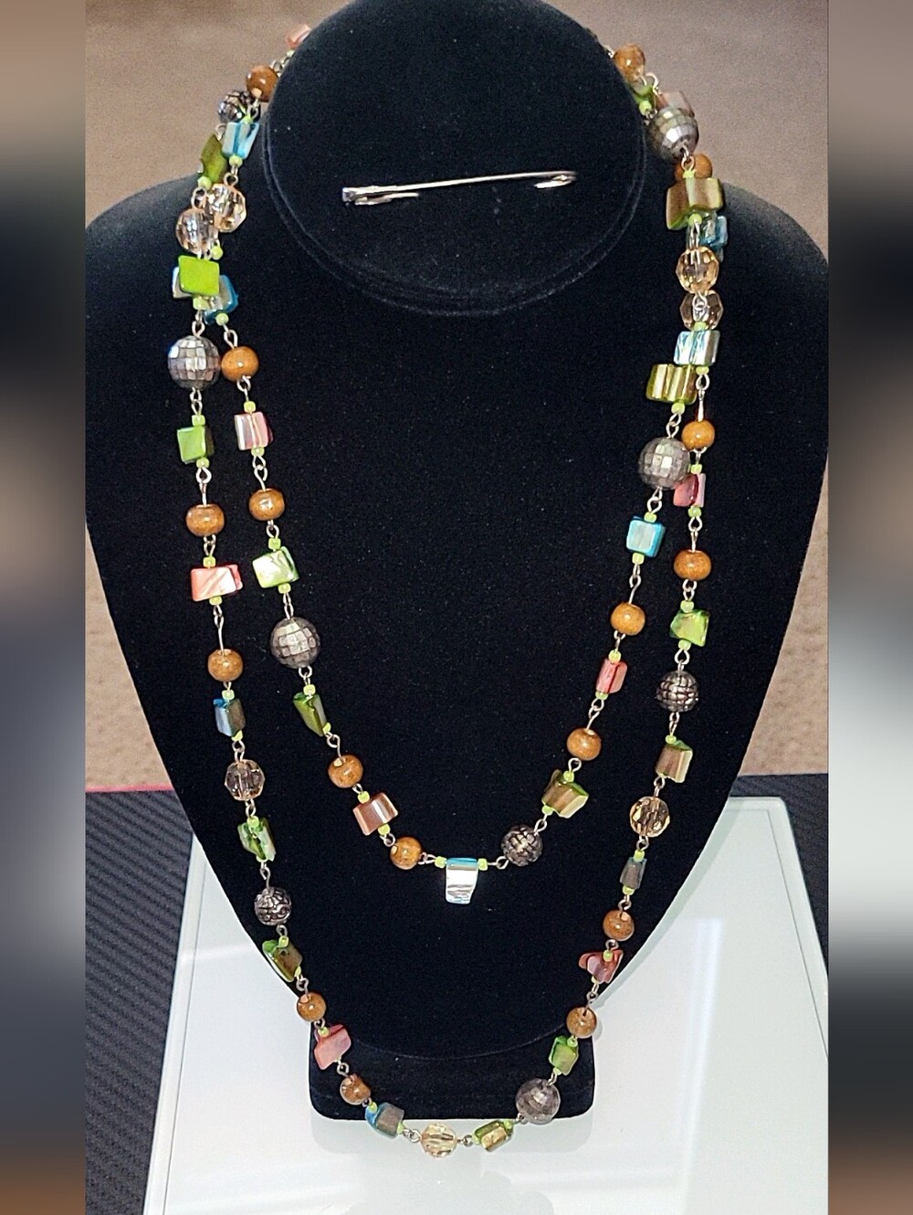 46" Multicolor Beaded Long Necklace No Clasp Boho Artisan Wood Shell Statement